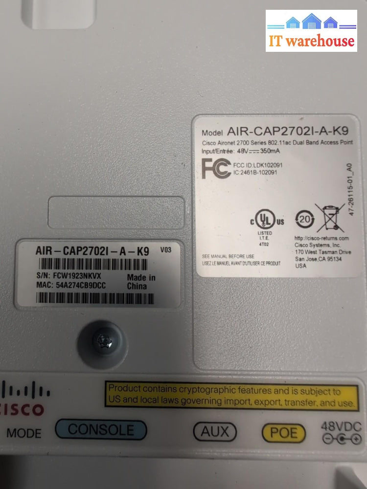 5x Cisco AIR-CAP2702I-A-K9 Aironet Access Point -