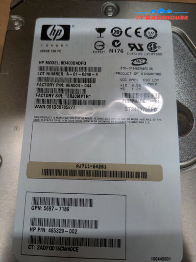 - 5x HP 400GB 10K FC FIBRE  3.5" HARD DRIVES 465329-002 BD400DADFQ ST3400755FC