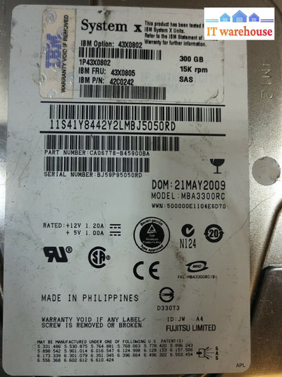 5x IBM 43X0802 43X0805 42C0242 CA06778 300GB  3.5"SAS 3Gb/s 15K Hard Drive