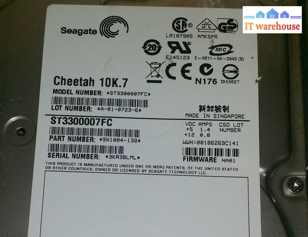 5x NetApp DS14MK2 Seagate 10k.7 300GB FC MK4 ST330007FC 9X1004-138 NA01 w/ Tray