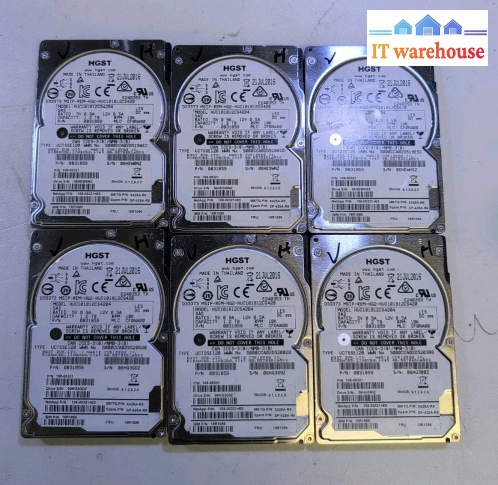 6x HGST NetApp HUC101812CS4204 1.2 TB SAS 2.5" Server Drive 108-00321 0B31859 -
