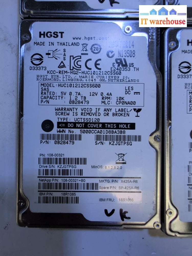6x NetApp HGST HUC101212CSS600 1.2TB 2.5" SAS Hard Drive 0B28479 18R1086 Tested–