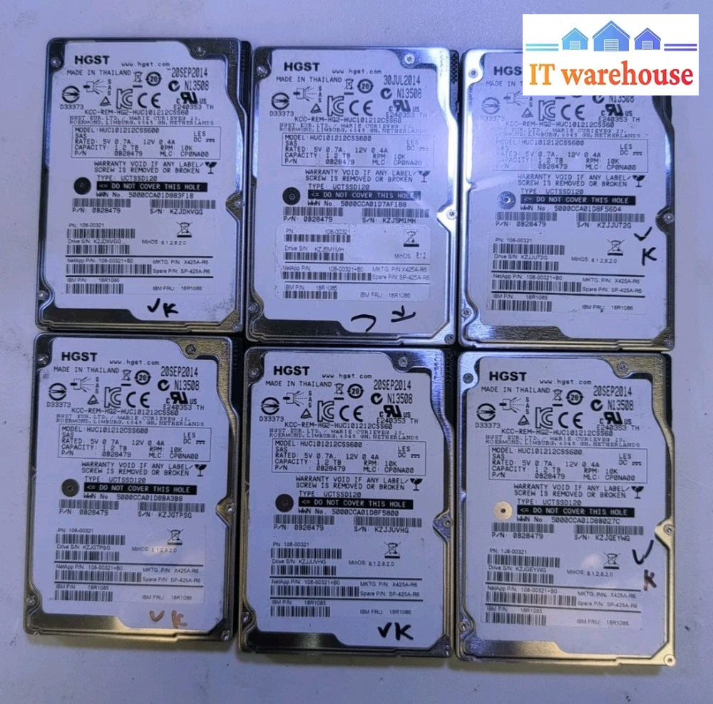 6x NetApp HGST HUC101212CSS600 1.2TB 2.5" SAS Hard Drive 0B28479 18R1086 Tested–