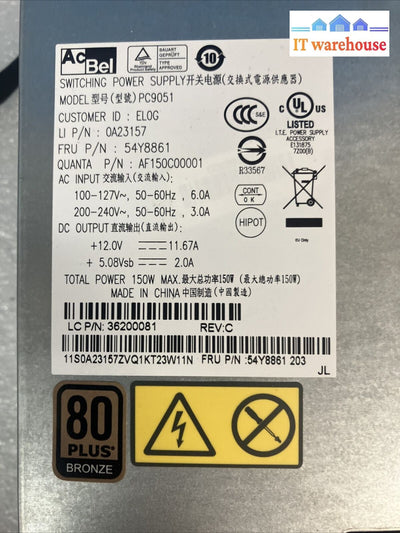 AcBel 150-Watts Power Supply PC9051 54Y8861 0A23157 For ThinkCentre M90z M70z ~