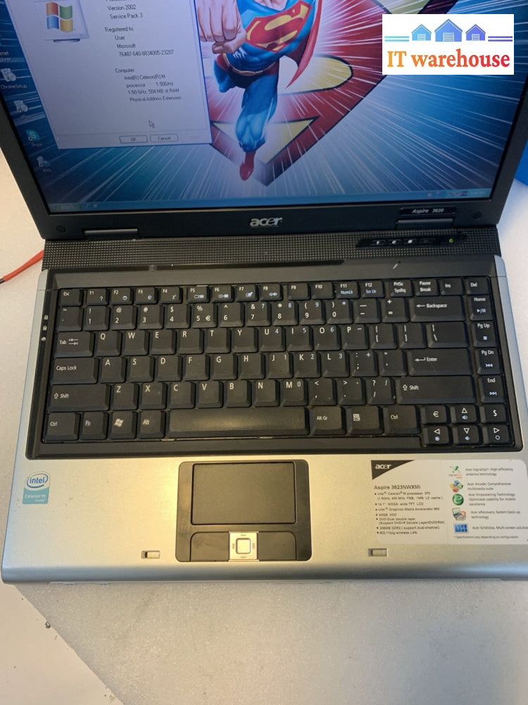 Acer Aspire 3623NWXMi Celeron 1.5GHZ 512MB 40GB laptop Windows XP pro SP3