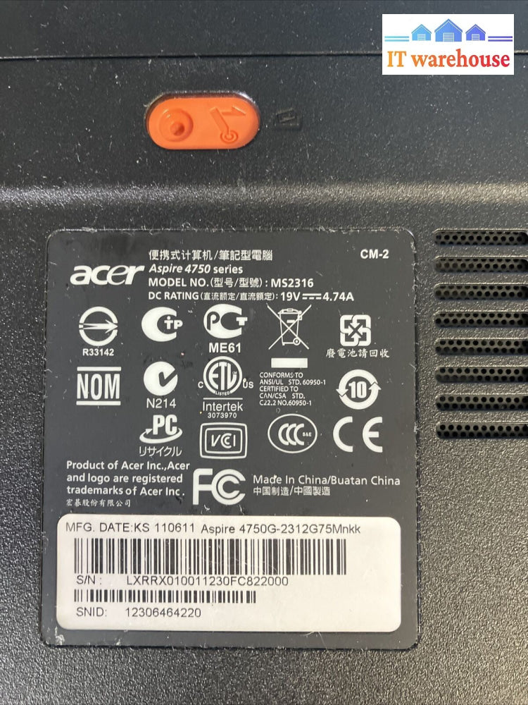 Acer Aspire 4750G 14" Laptop Intel i3-2310M CPU, 4GB RAM, 160GB HDD (Bad batt) ~