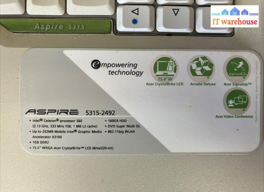 Acer Aspire 5315 15" Laptop Intel Celeron CPU / 1GB RAM / 160GB HDD / Win XP ~