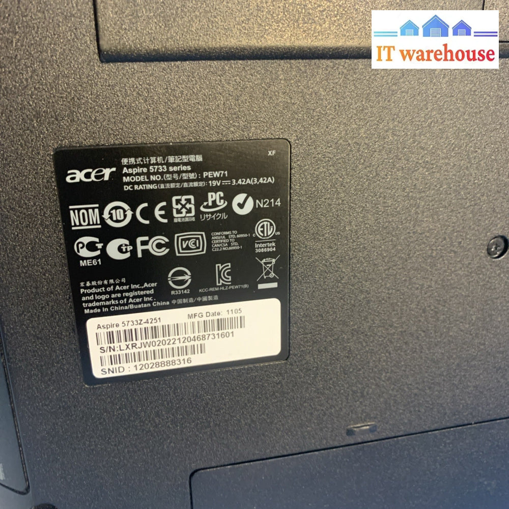 Acer Aspire 5733Z 15.6” Intel Pentium Laptop Windows 7 With Charger