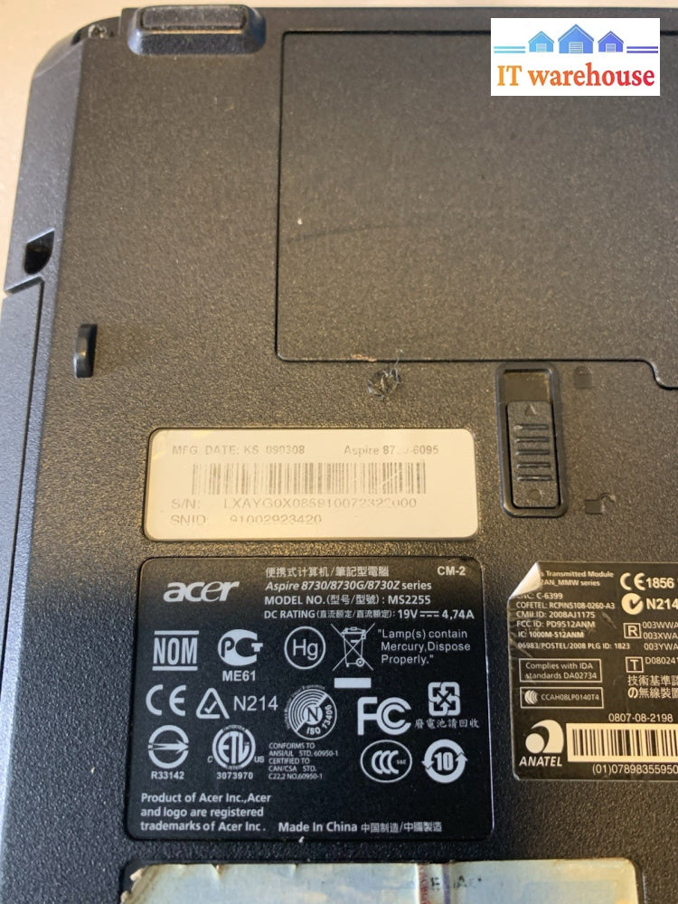 Acer aspire 8730 18.4" C2D T6600 4GB 120GB SSD+ 1TB HD 9600GT Windows 7 Home