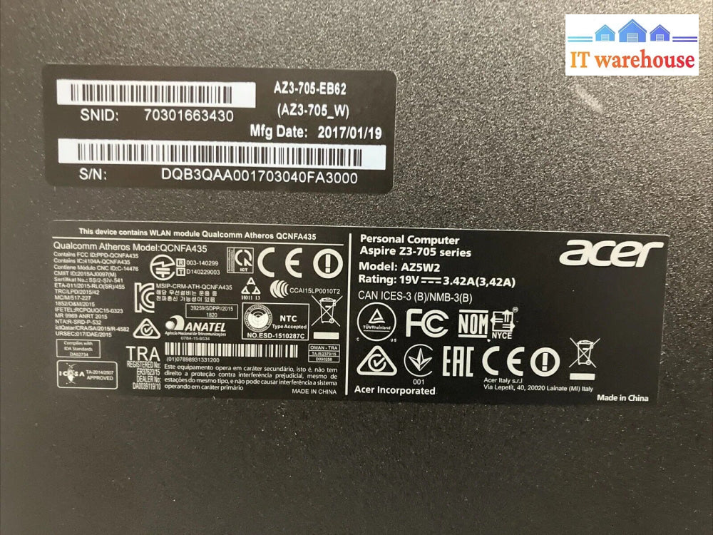 Acer Aspire Az5W2 All-In-One Pc Z3 Az3-705 I3-5005U Cpu 6Gb Ram 750Gb Hdd Read ~