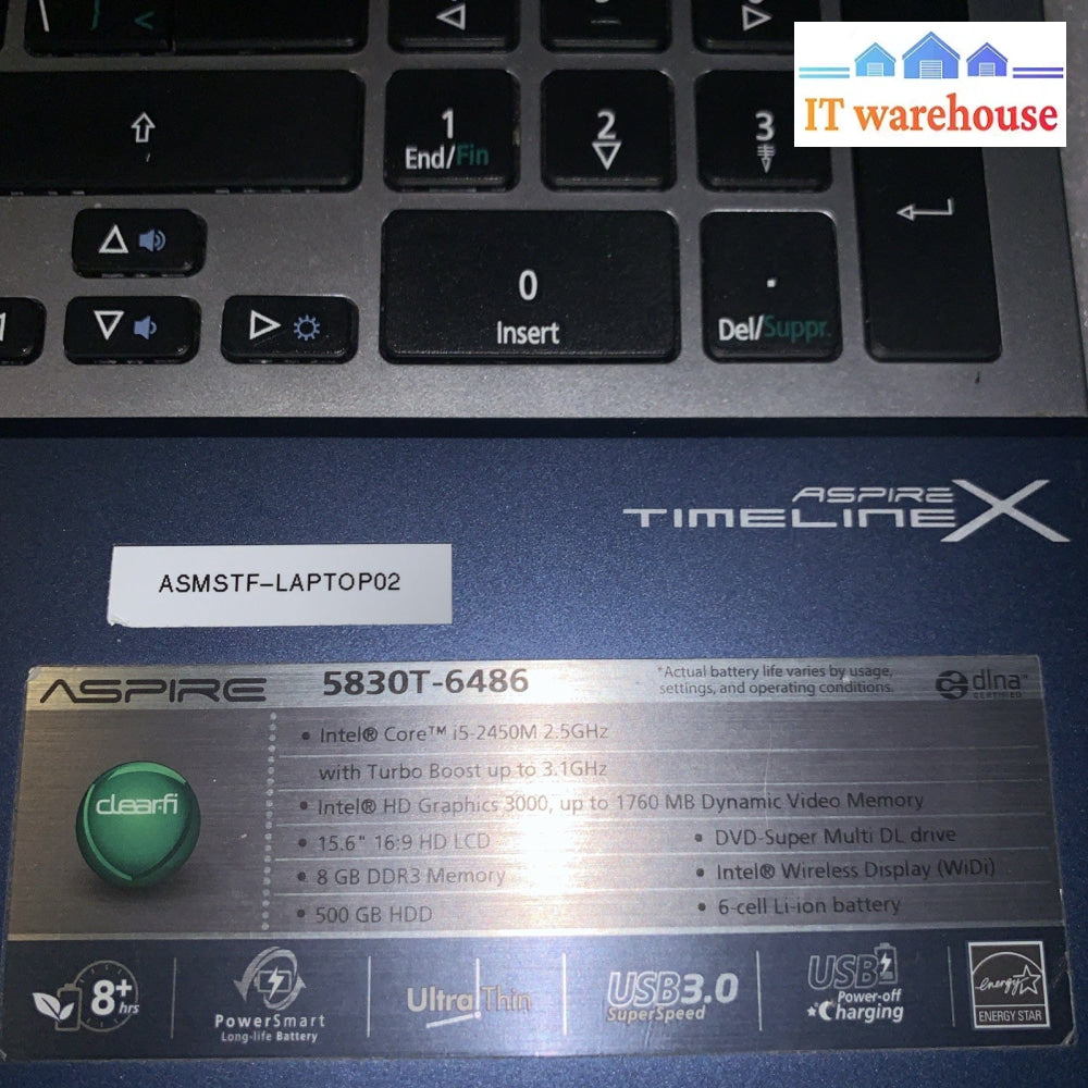 Acer Aspire Notebook 5830T-6486 TimelineX i5-2450M 8GB 1TB Windows 10 Laptop