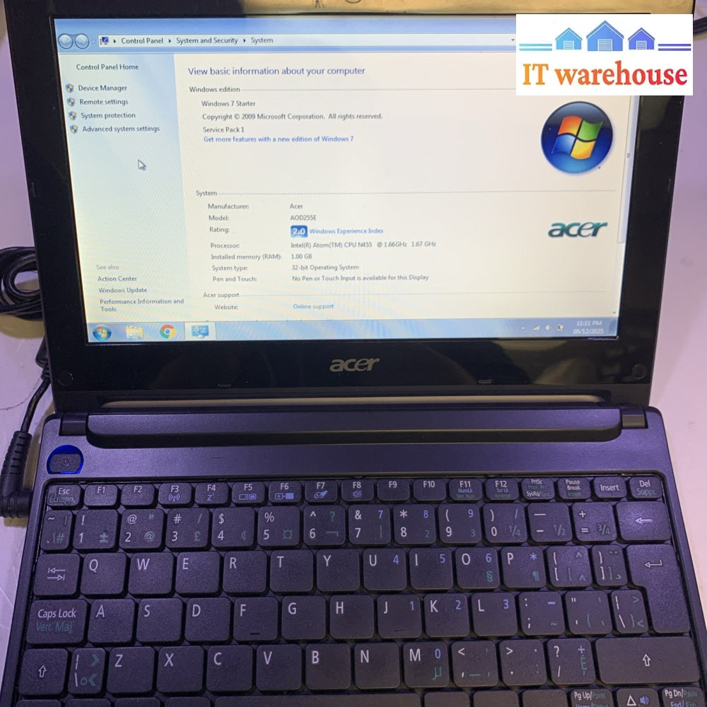 Acer Aspire One D255E- Intel Atom N455 1.6GHZ 150GB 1GB RAM Windows XP PRO SP3