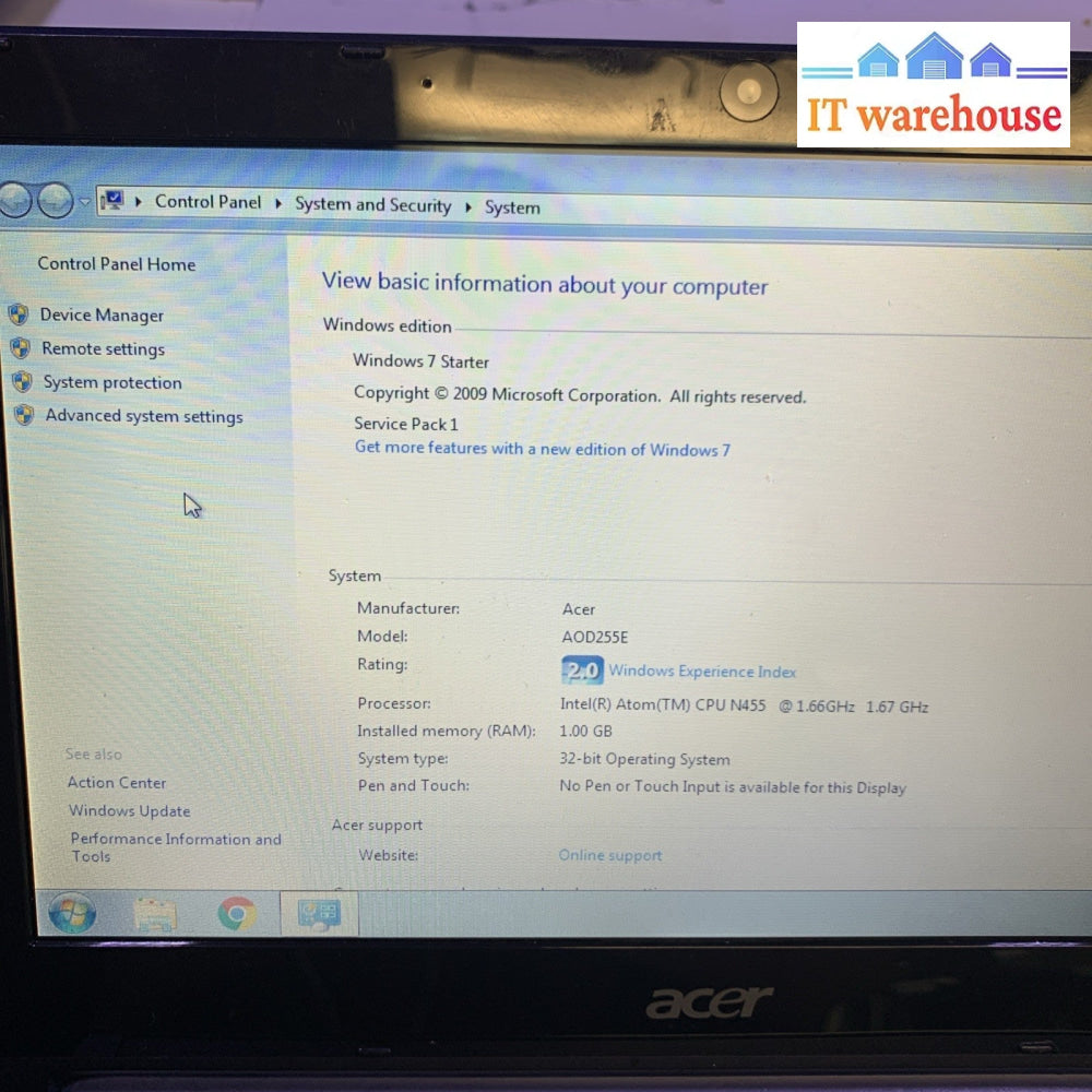 Acer Aspire One D255E- Intel Atom N455 1.6GHZ 150GB 1GB RAM Windows XP PRO SP3