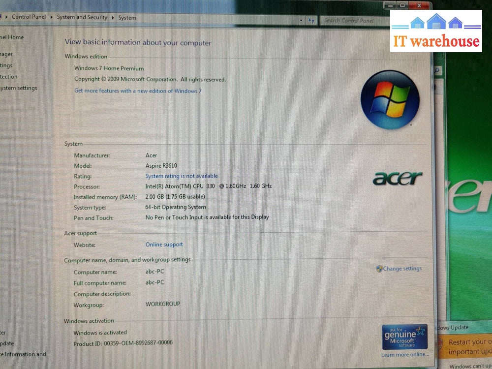- Acer Aspire R3610 WIFI Mini PC w/Intel Atom 330/2GB RAM/130G HDD/ Win 7/HDMI 