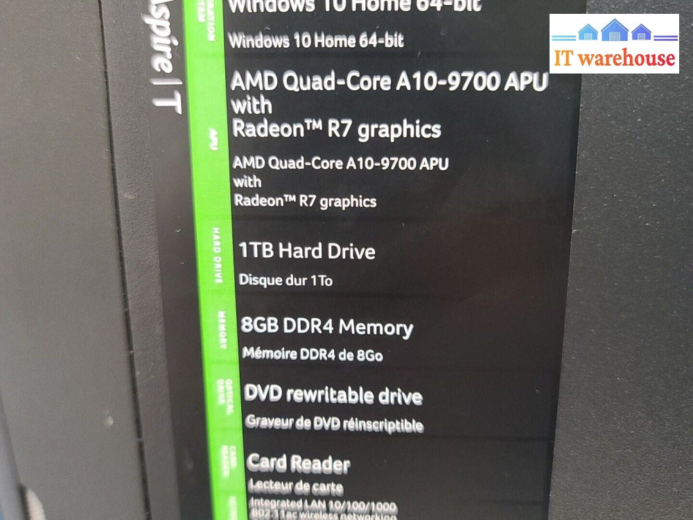 - Acer Aspire TC-281 DESKTOP W/AMD A10-9700 RADEON R7/8GB RAM/1TB HDD/WiFi/WIN10