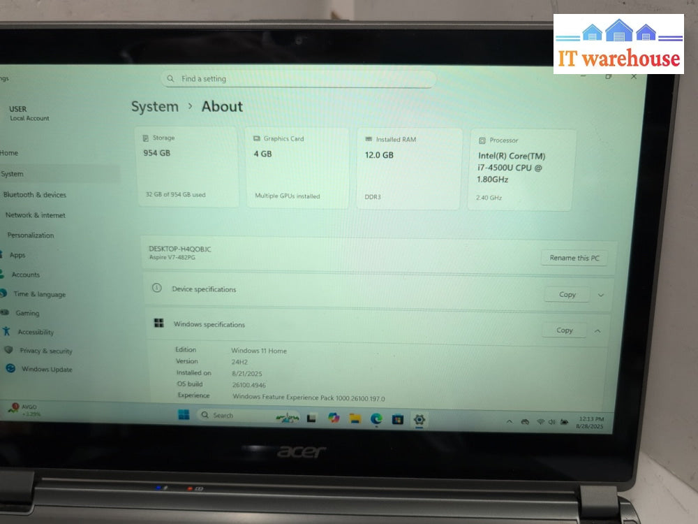 Acer Aspire V7-482PG 14" Touch Screen Laptop i7-4500U/12GB RAM/1TB HDD/WIN 11 -