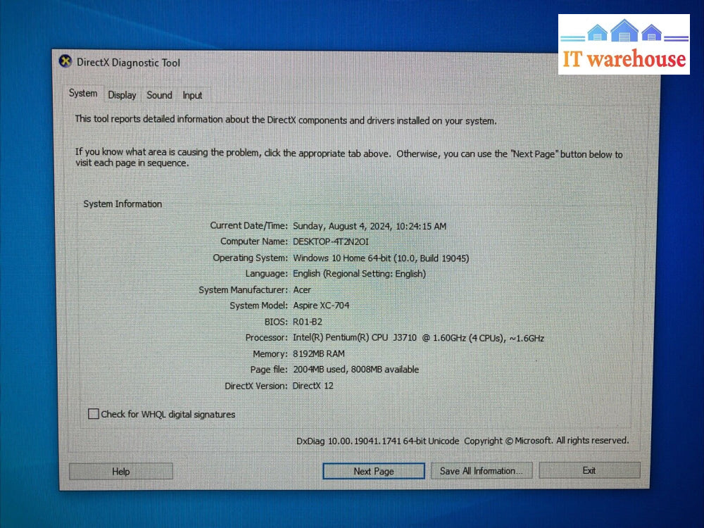 Acer Aspire X Sff Desktop Pc With Intel J3710 Cpu / 8Gb Ram 1Tb Hdd Win 10 ~