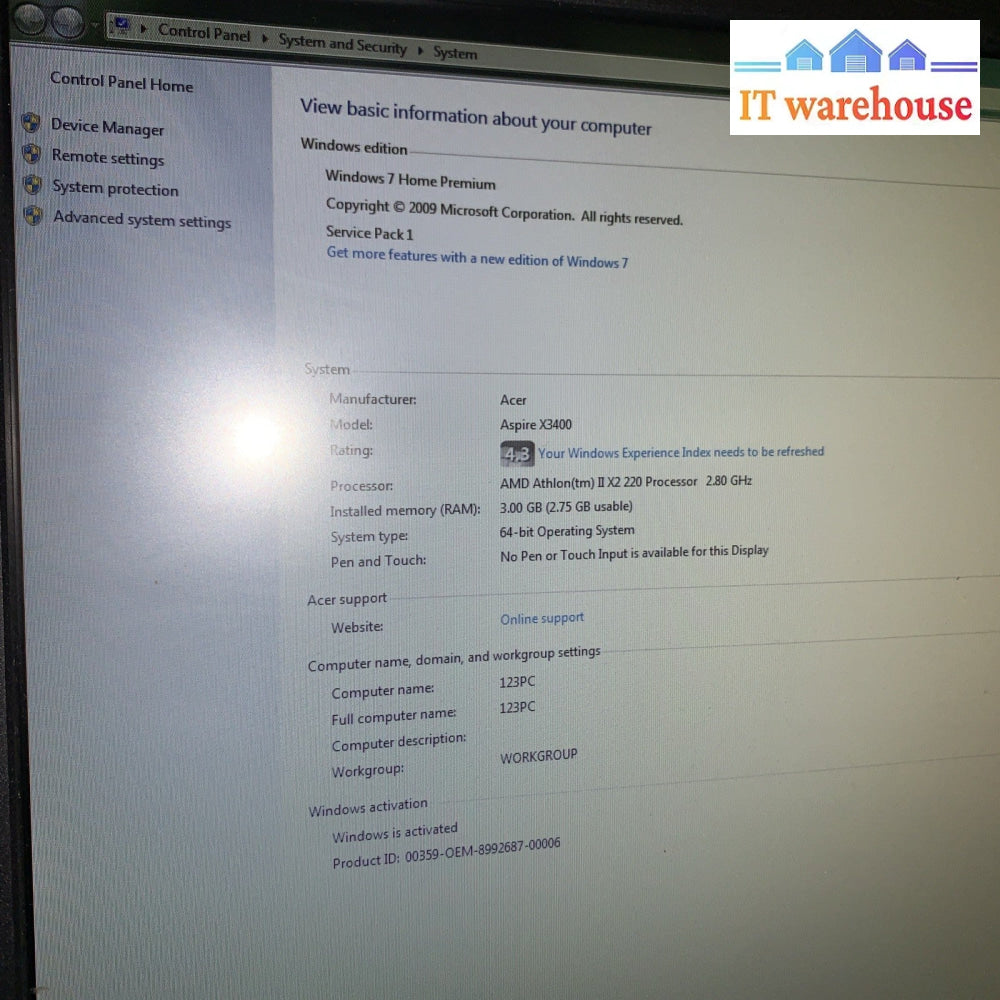 Acer Aspire x3400G AMD Duo core 2.8GHZ 3GB 500GB Windows 7 HOME