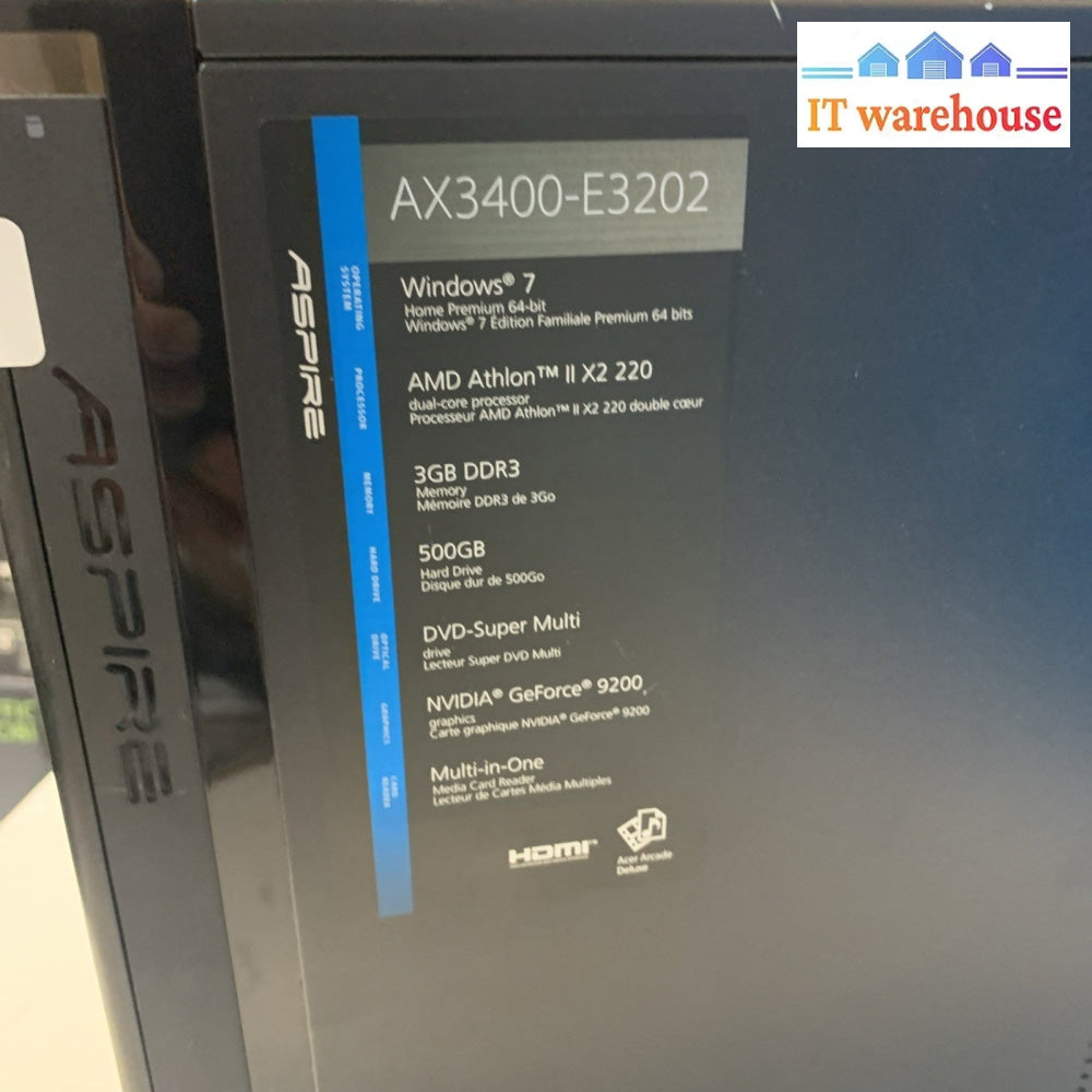 Acer Aspire x3400G AMD Duo core 2.8GHZ 3GB 500GB Windows 7 HOME