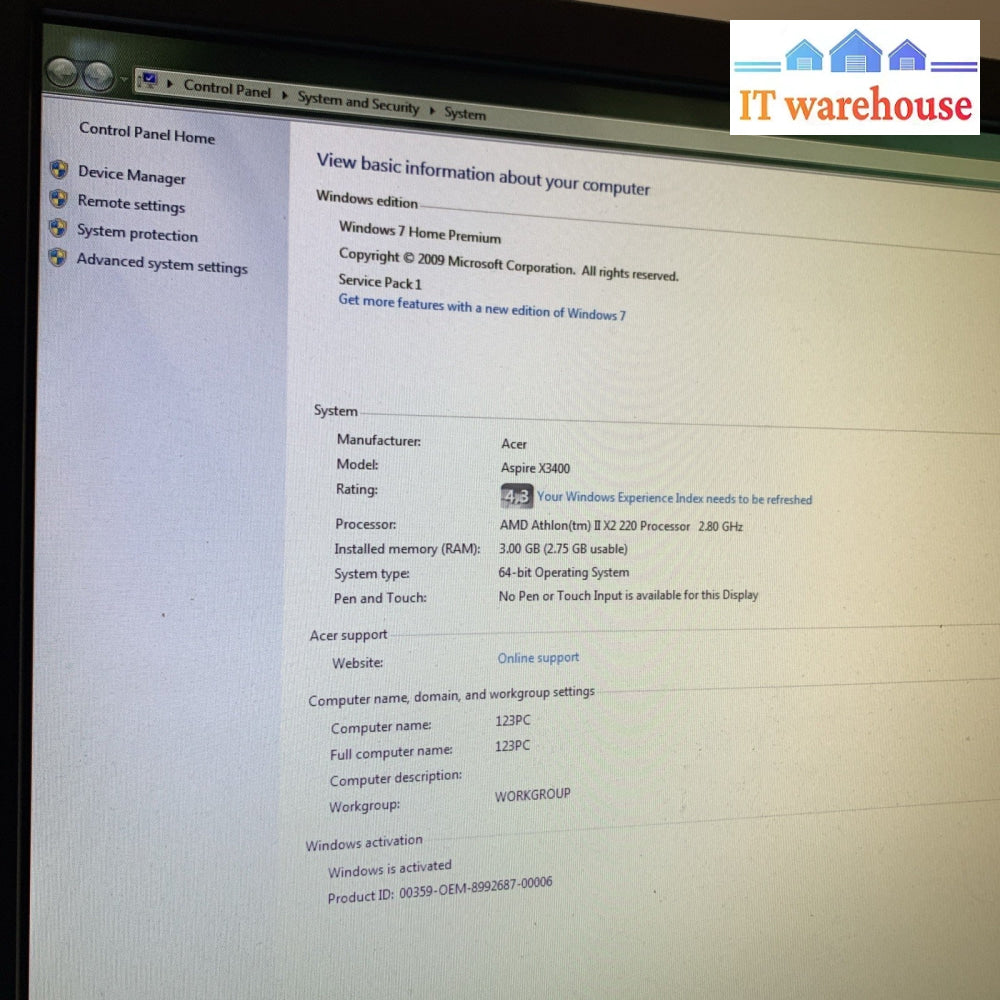 Acer Aspire x3400G AMD Duo core 2.8GHZ 3GB 500GB Windows 7 HOME