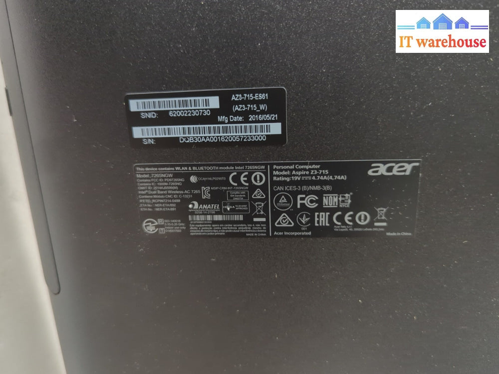 Acer Aspire Z3-715 24" AIO PC i3-6100T CPU/8GB /240GB SSD/WIN10 /USB Speaker -