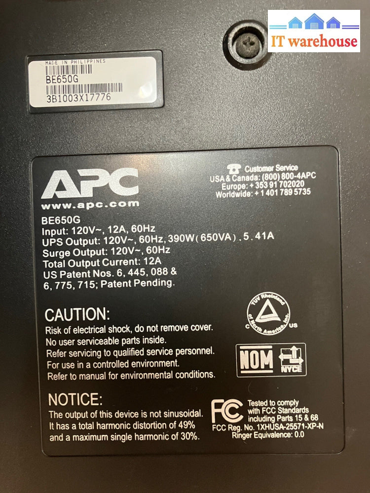 ~ APC BE650G ES UPS 390W 650VA Back Up Uninterruptible Power Supply (No Battery)