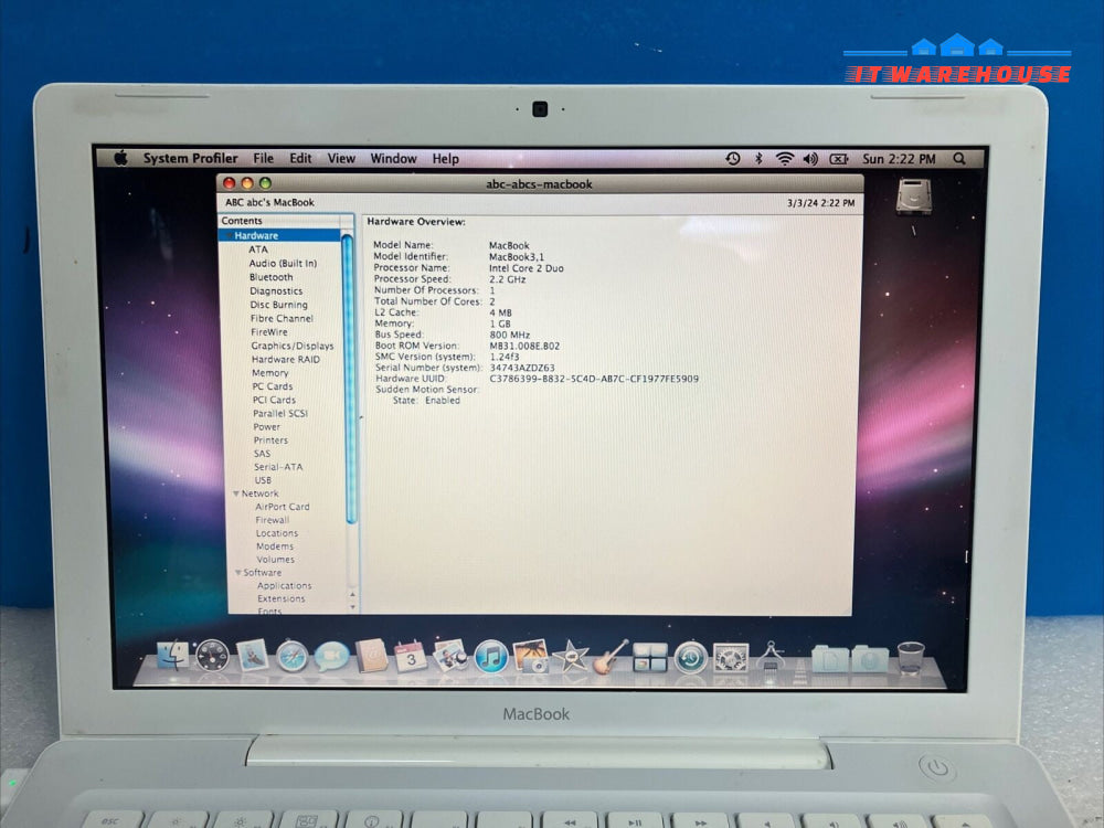 Apple 13" A1181 Late 2007 MacBook C2D CPU / 1GB RAM / 120GB HDD / No Battery ~