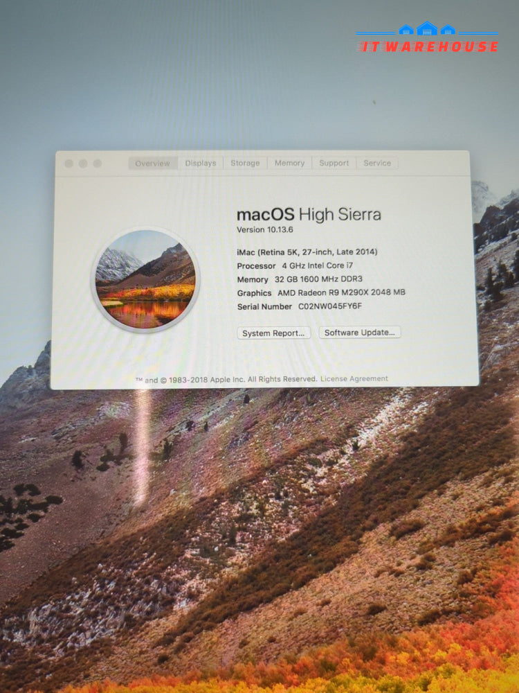 Apple 27 ’ iMac A1419 2014 5K/ i7- 4.0GHz/32GB RAM/128G SSD/10.13 (No Stand)