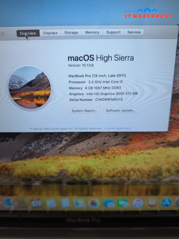 Apple A1278 13" Macbook Pro 2011 /i5 - 2.4GHz/8GB RAM/ 240GB SSD/10.13 (*READ) -