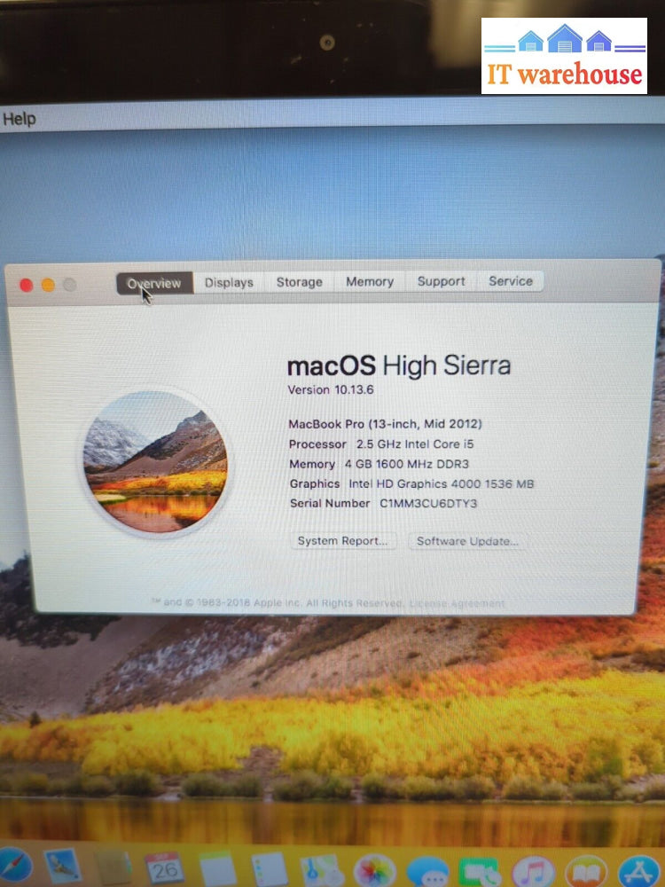 Apple A1278 Macbook Pro 13’’ Mid 2012 Intel I5 2.5Ghz/4Gb Ram/500Gb Hdd/10.13 -