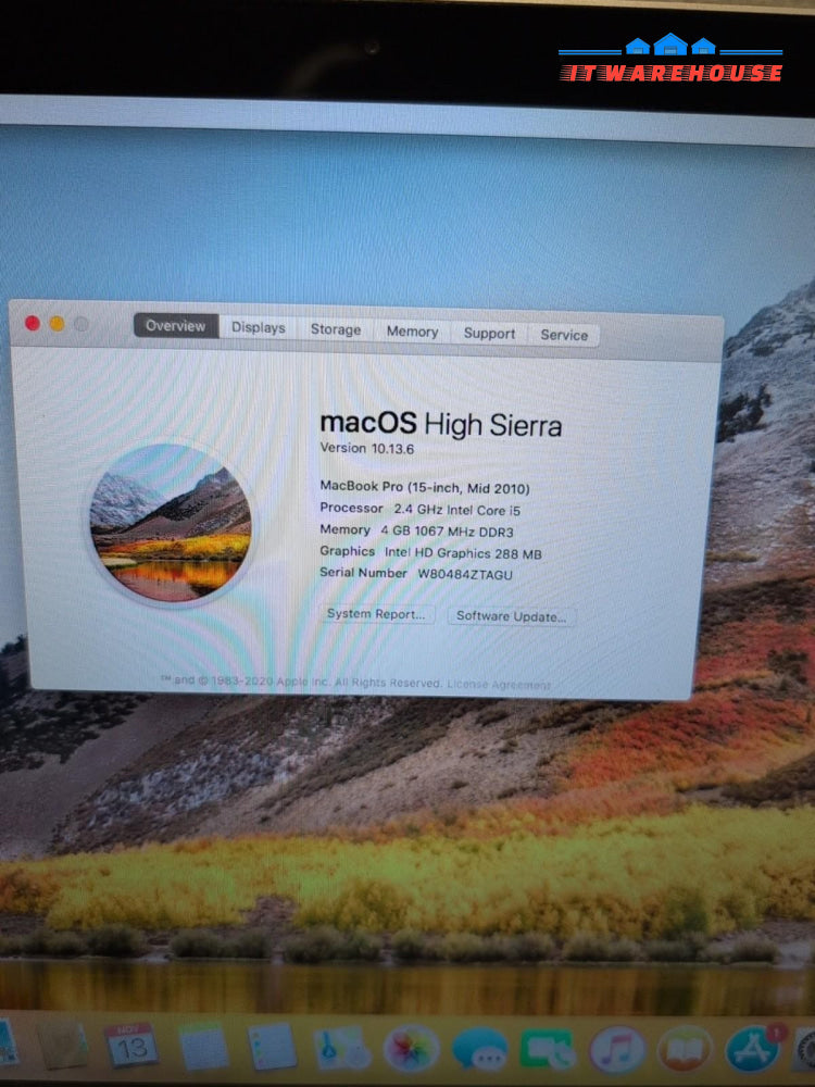Apple A1286 2010 15" MacBook Pro i5-2.4GHz, 4GB RAM, 240GB SSD, High Sierra -