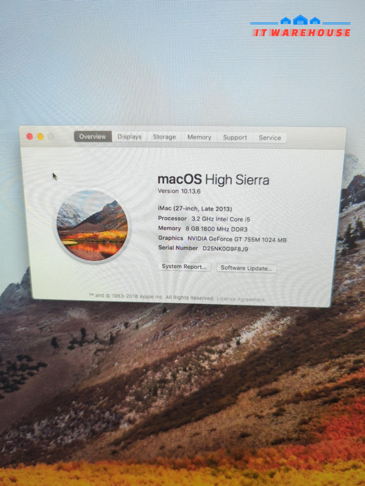 Apple A1419 iMac 27’’ 2013 Intel i5-4570/8GB /1.2TB HDD/10.13 (local pickup)-