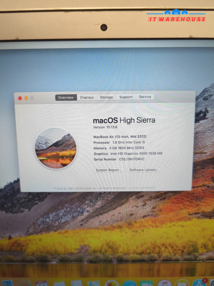 Apple MacBook Air A1466 2012 13" /i5- 1.8GHz/4GB RAM/ 128GB SSD/ 10.13 -