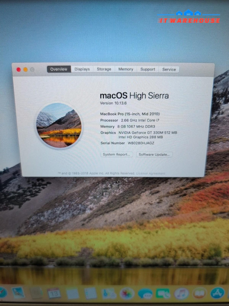 Apple Macbook Pro 15" A1286 2010/ i7-620M 2.66GHz/8GB /240GB SSD/10.13 (READ) -