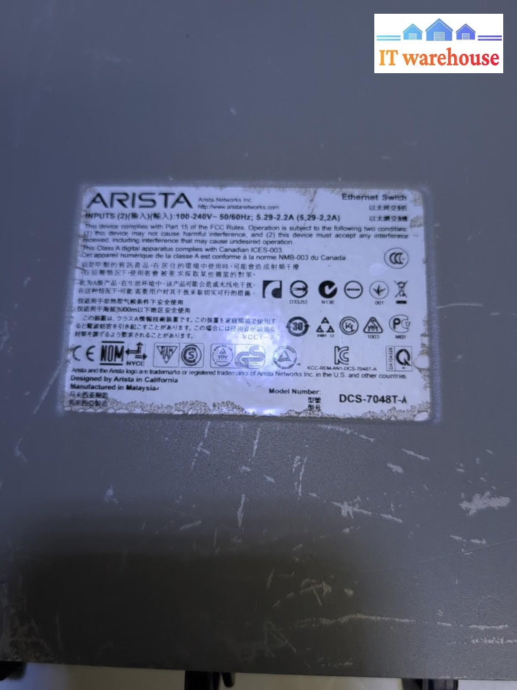 Arista DCS-7048T-A 48 Port Gigabit Switch w/  2x PSU -