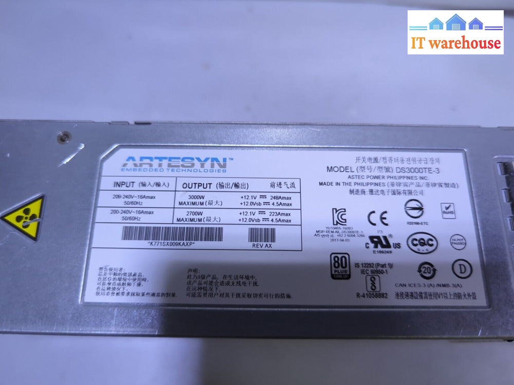 - ARSTESYN DS3000TE-3 PWR-00221-05 PWR-3KT-AC-RED 3000W SERVER PSU (*READ)