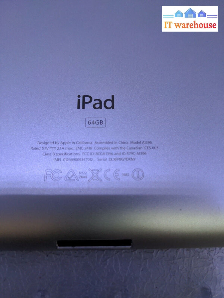 - (As Is) Apple Ipad 2 64Gb A1396 Wi-Fi + Cellular