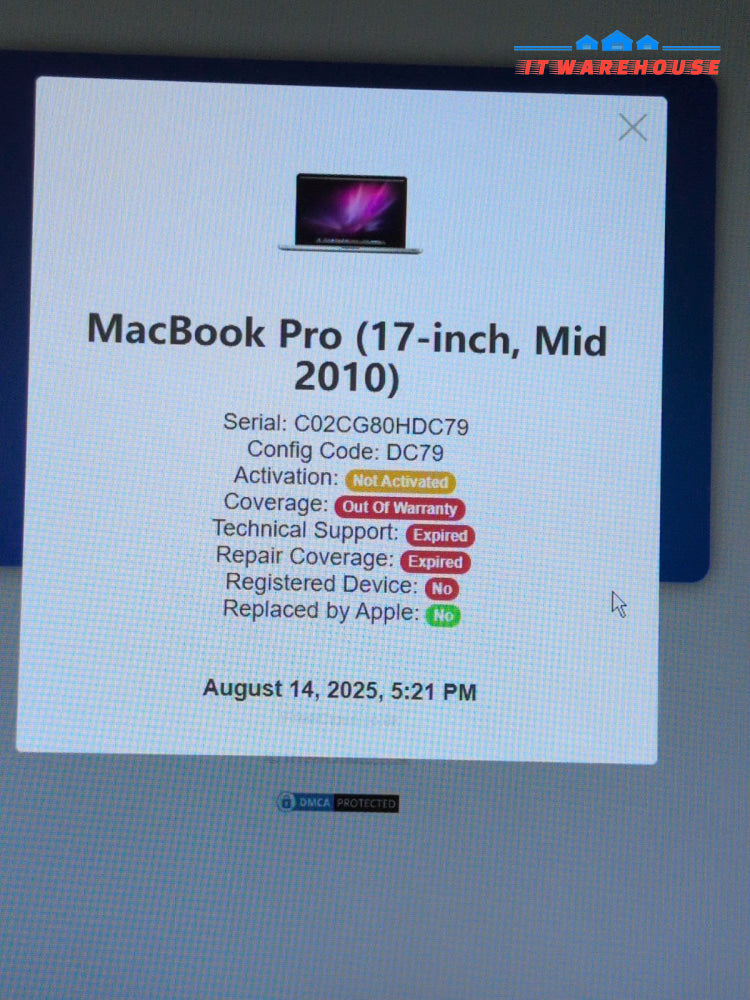 (AS IS) Apple MacBook Pro 2010 17" A1297 ( NO POWER,NO HDD )  -