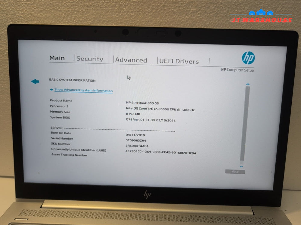 (AS IS) HP EliteBook 850 G5 15.6" Laptop Intel Core i7-8550U (NO RAM/HDD) -
