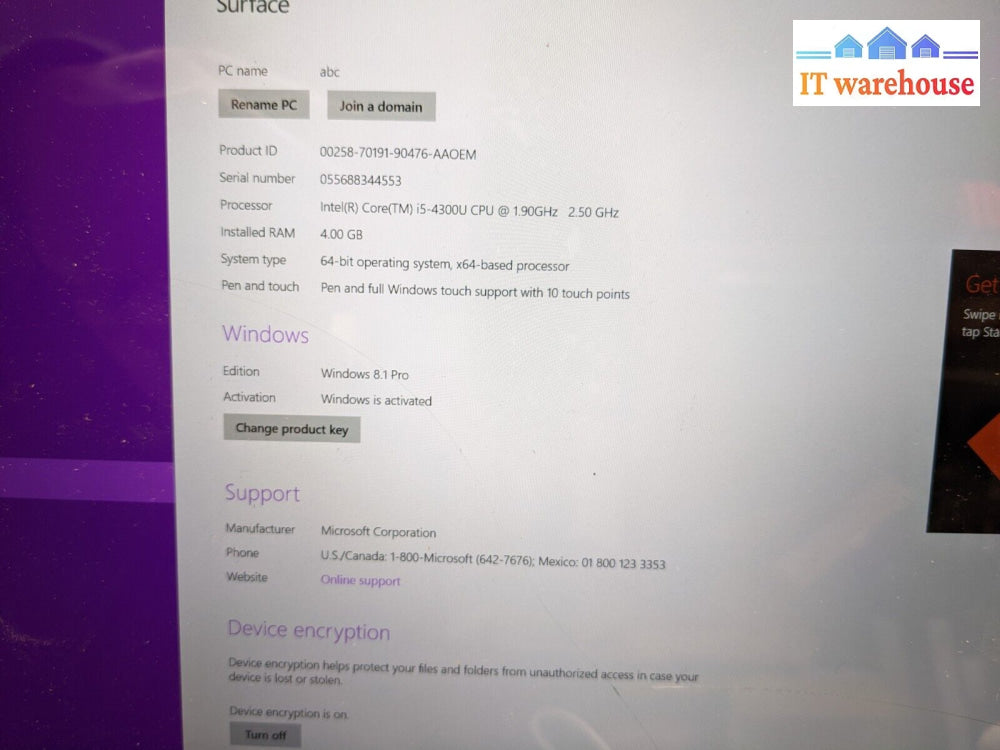 - (As Is) Surface Pro 3 1631 I5-4300U /4Gb/128Gb Ssd Win8(Lcd Cracked/No Touch)