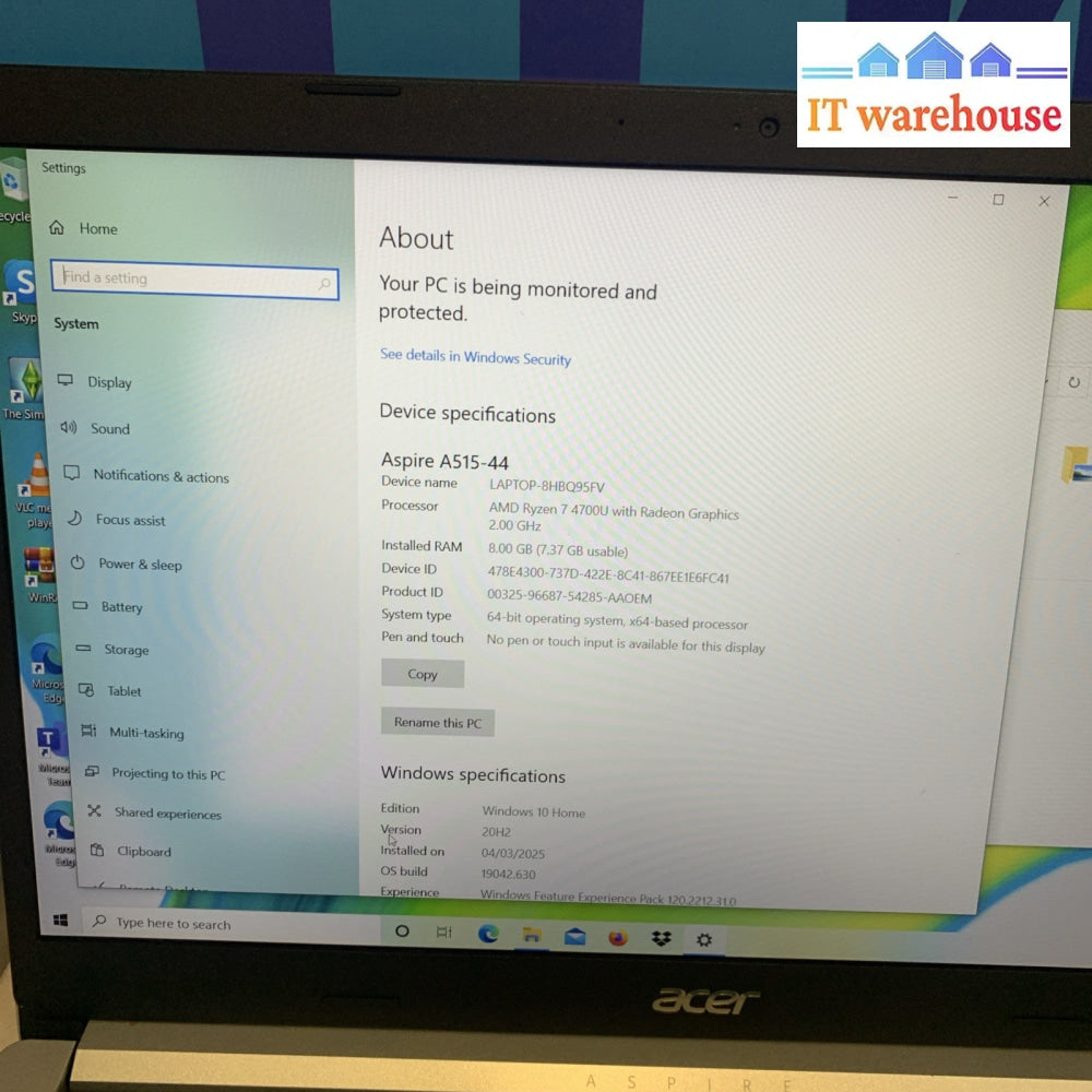 Aspire A515-44 AMD Ryzen 7 4700U 8GB 512GB SSD Win10 laptop