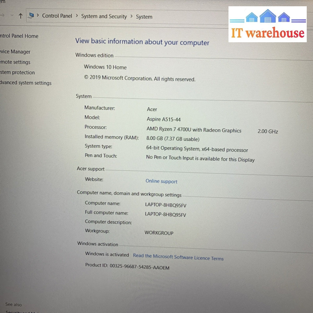 Aspire A515-44 AMD Ryzen 7 4700U 8GB 512GB SSD Win10 laptop