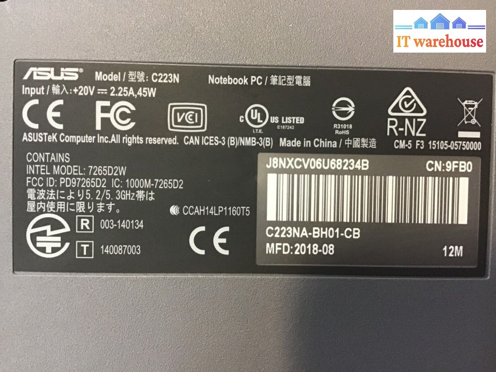 ASUS C223NA-BH01-CB 11.6"Chromebook Celeron N3350  4GB DDR4 32GB EMMC For parts