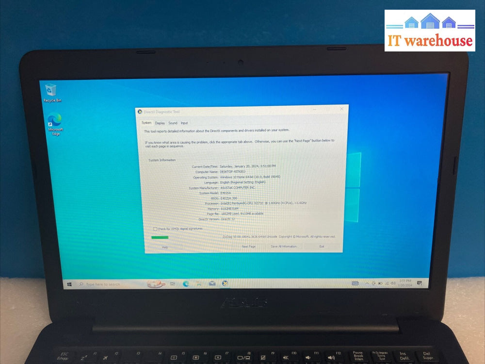 ~ Asus E402S 14’ Laptop Pentium N3710 Cpu / 8Gb Ram 120Gb Ssd Win 10 With Ac
