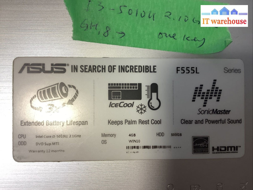 ASUS F555L 15.6 Laptop i3-5010u 2.1GHz 4GB RAM 500GB HDD WIN 10
