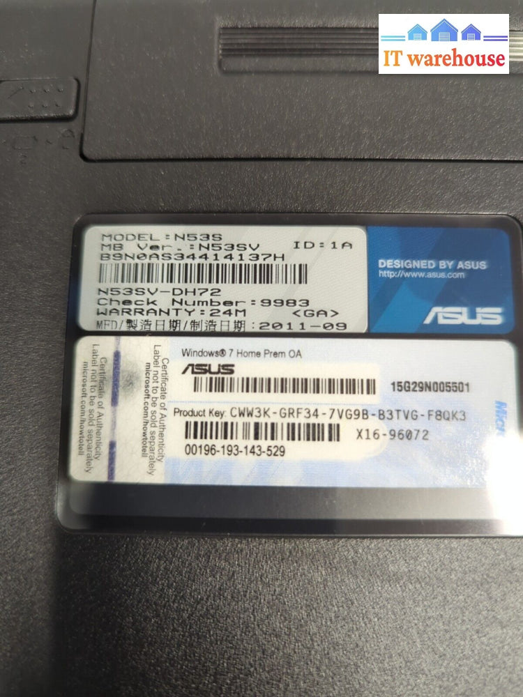 ASUS N53S 15.6’’ Laptop Intel Core i7-2670QM 2.20GHz/12GB RAM /1TB HDD / Win10