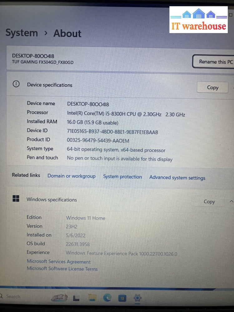 Asus Tuf Fx504 15.4’’ Gaming Laptop I5-8300H Cpu 16Gb Ram 500Gb Ssd Gtx 1050 ~