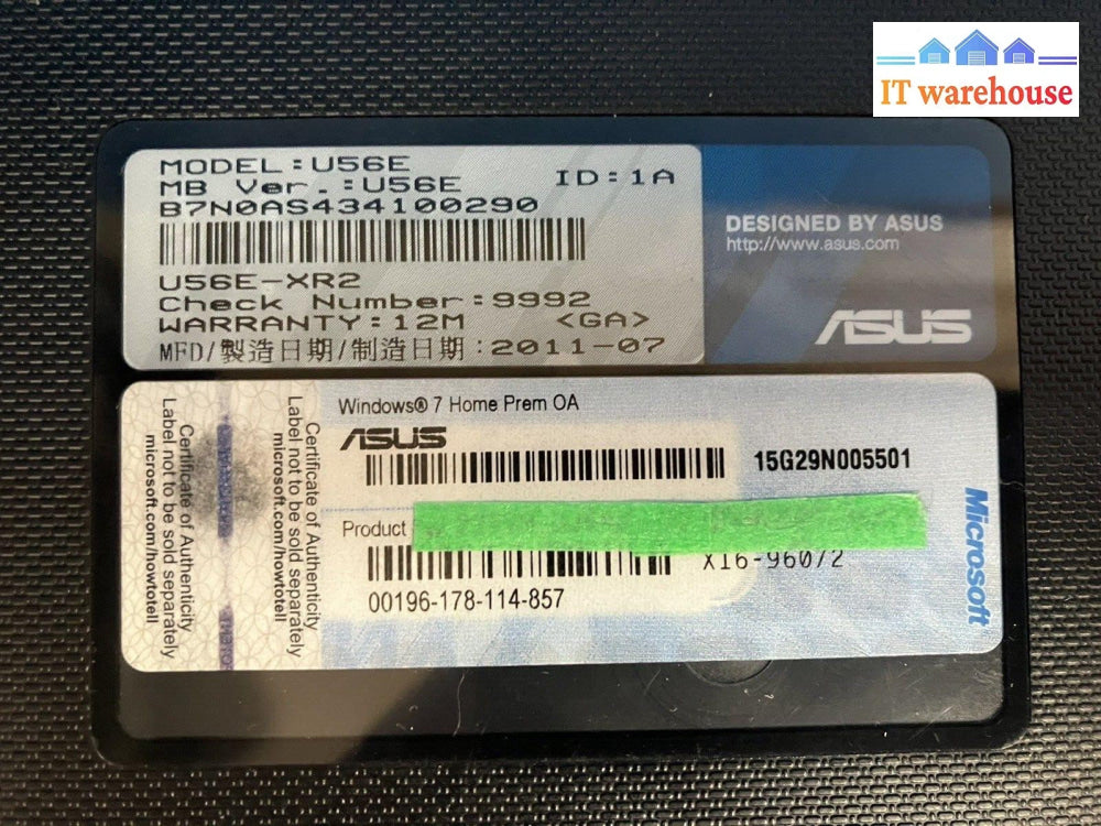 ~ ASUS U56E 15.6" Laptop Core i5-2410M 2GB RAM No Disk No Battery (Bad Screen)