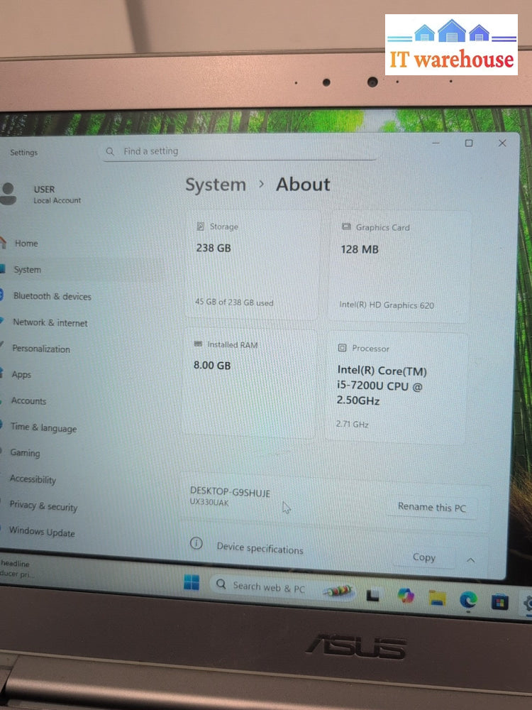 Asus UX330U 13'' Laptop i5-7200U CPU/8GB RAM /256GB SSD /WIN 11 (Battery Dead) -