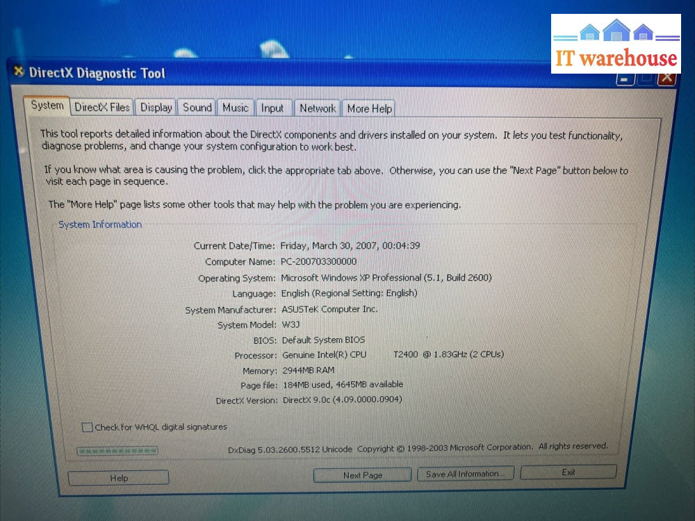 ASUS W3J 14" Laptop Intel T2400 CPU / 3GB RAM / 80GB HDD / Win XP (Bad Battery)~